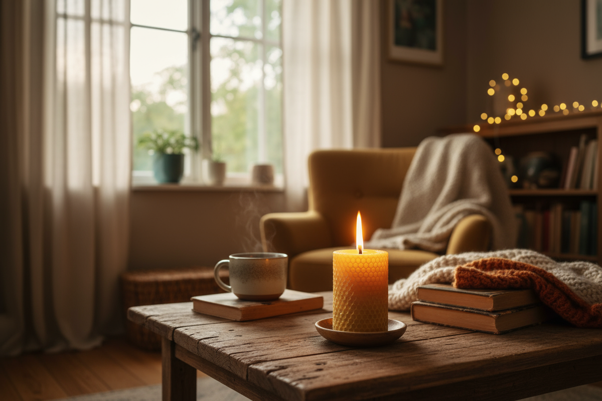 pillar candle burning in a living room