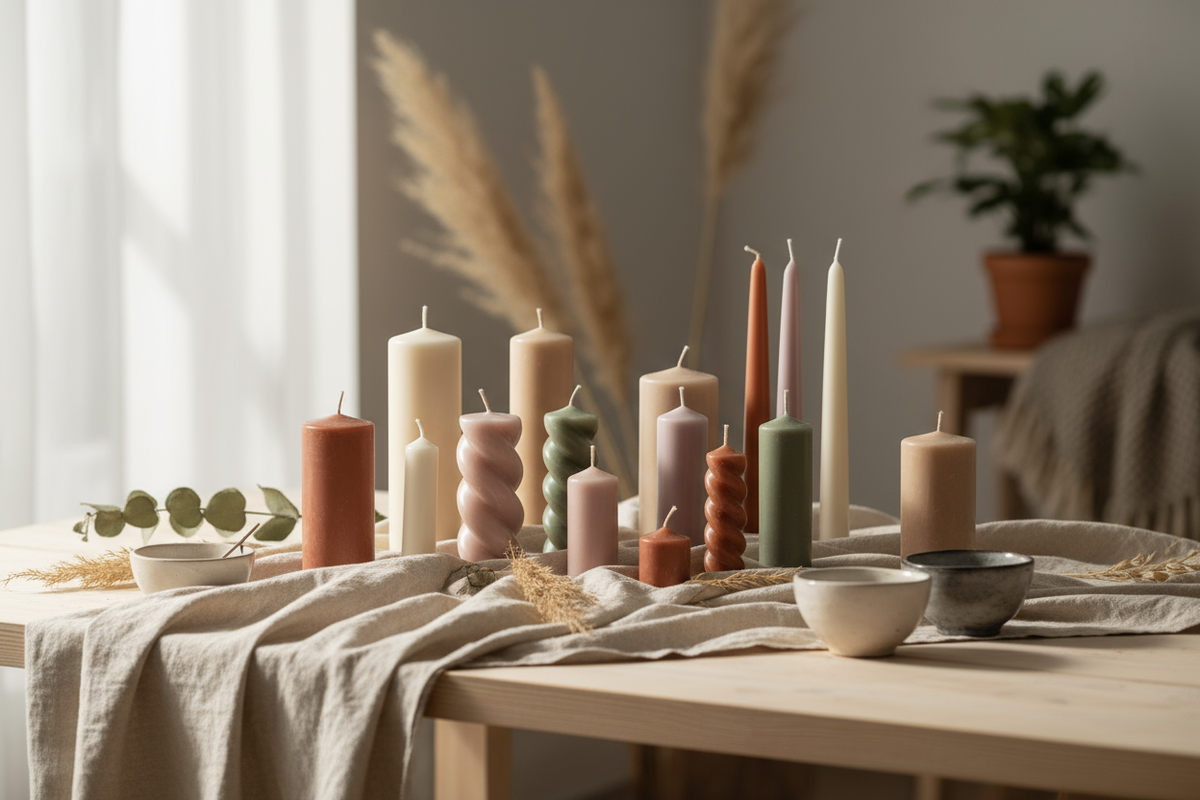 various colored pillar candles and tapers