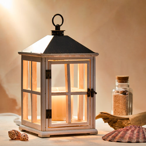 Weathered White Wooden Candle Warmer Lantern - Zoom Media 1
