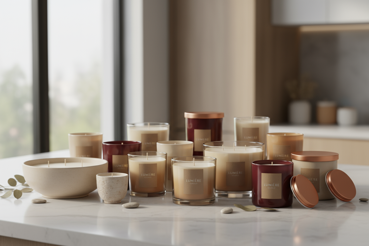 a bunch of candles on a counter