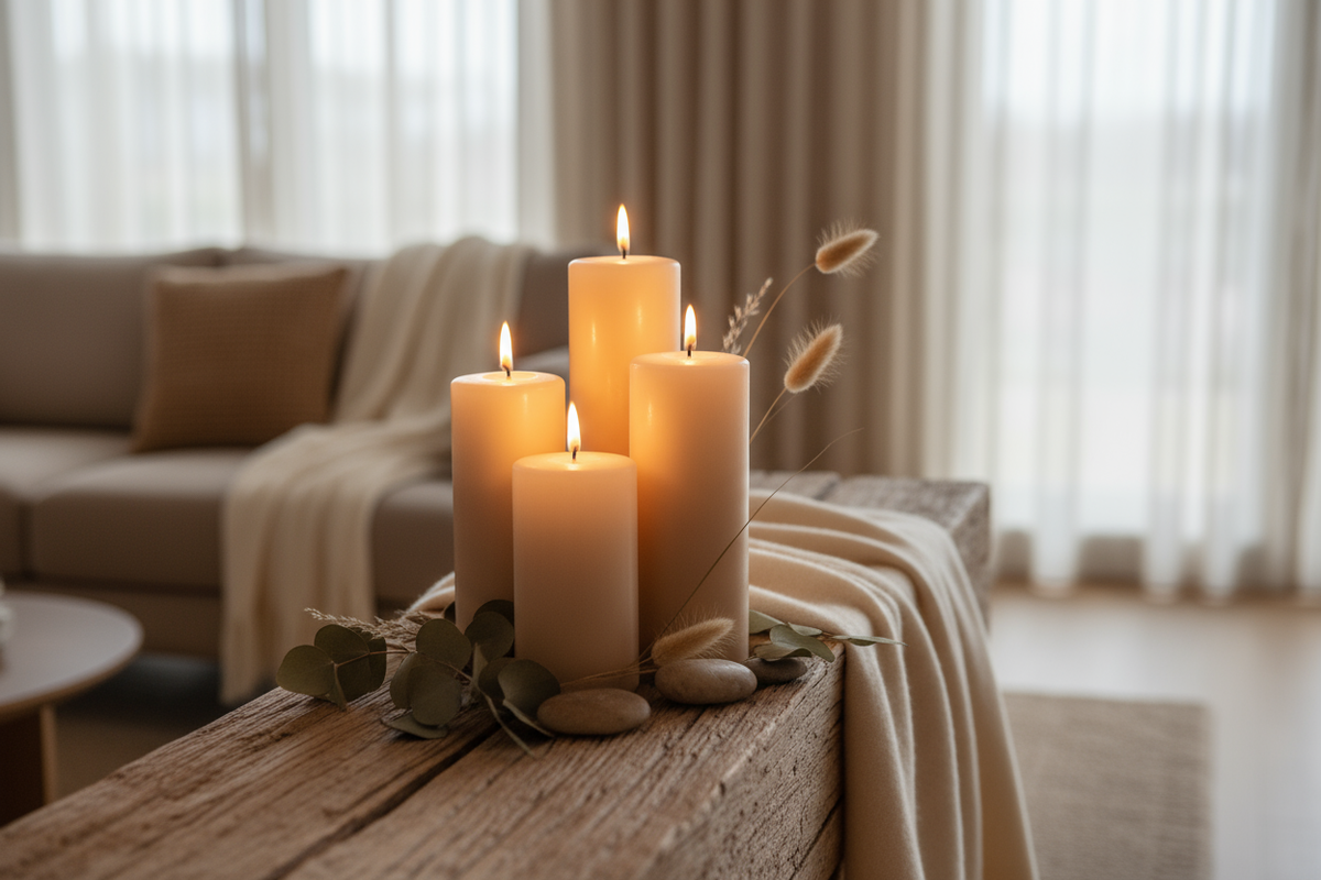 several pillar candles burning in a living room