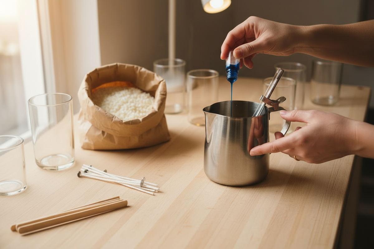showing how to add fragrance to candle wax