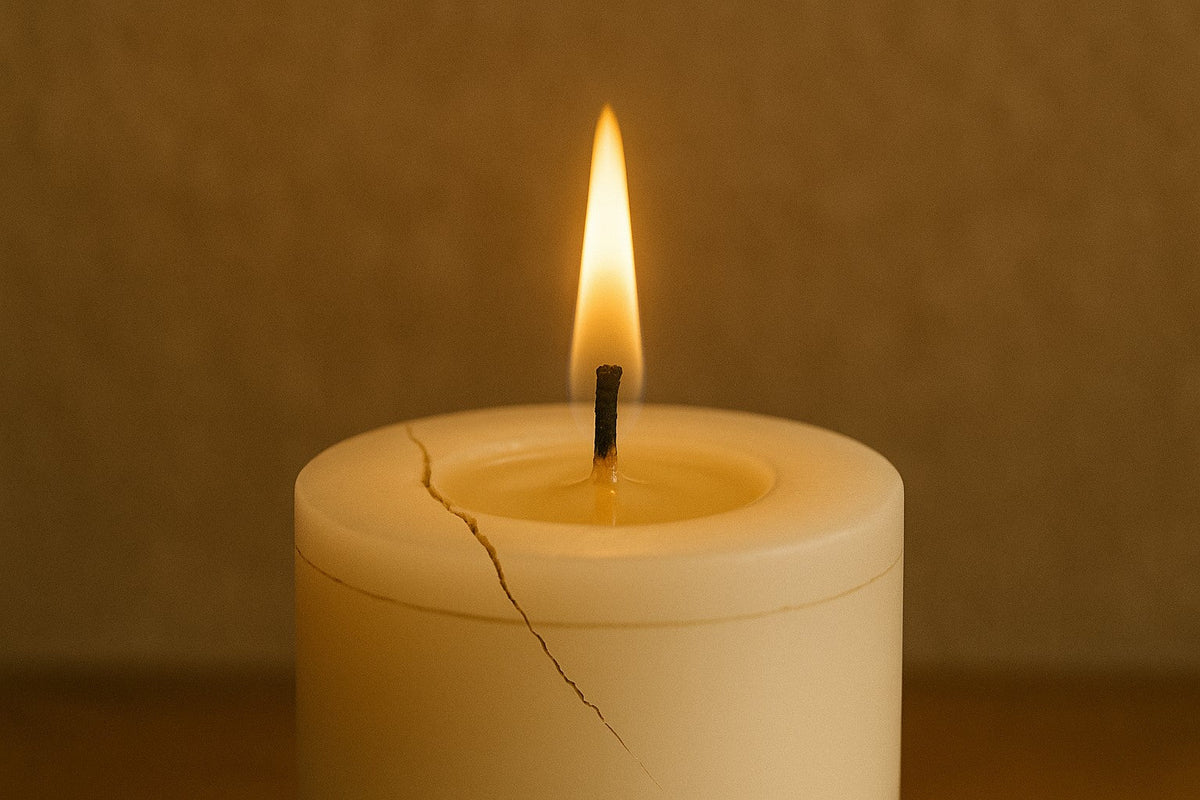 a soy wax pillar candle with a crack