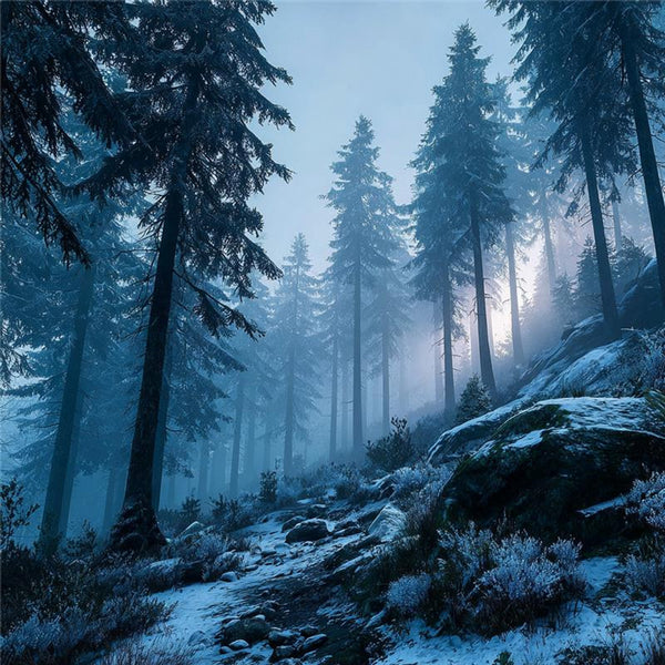 Misty forest with tall trees and rocky ground - Zoom Media 1